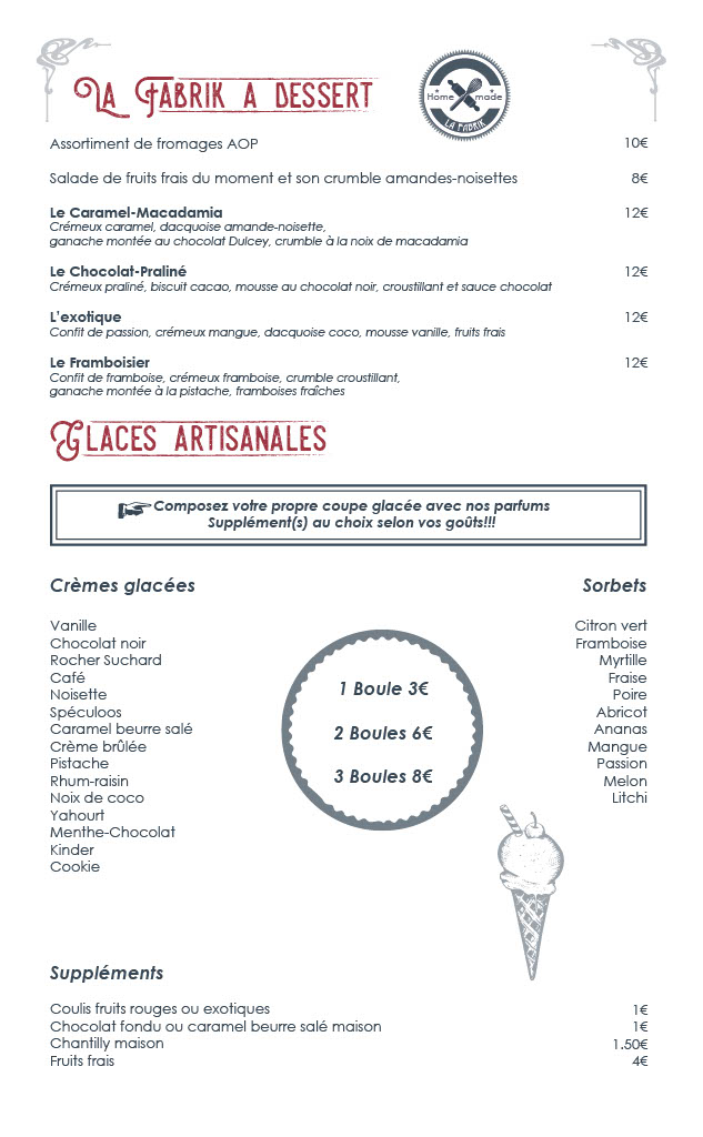 Carte Glaces et Desserts page 1